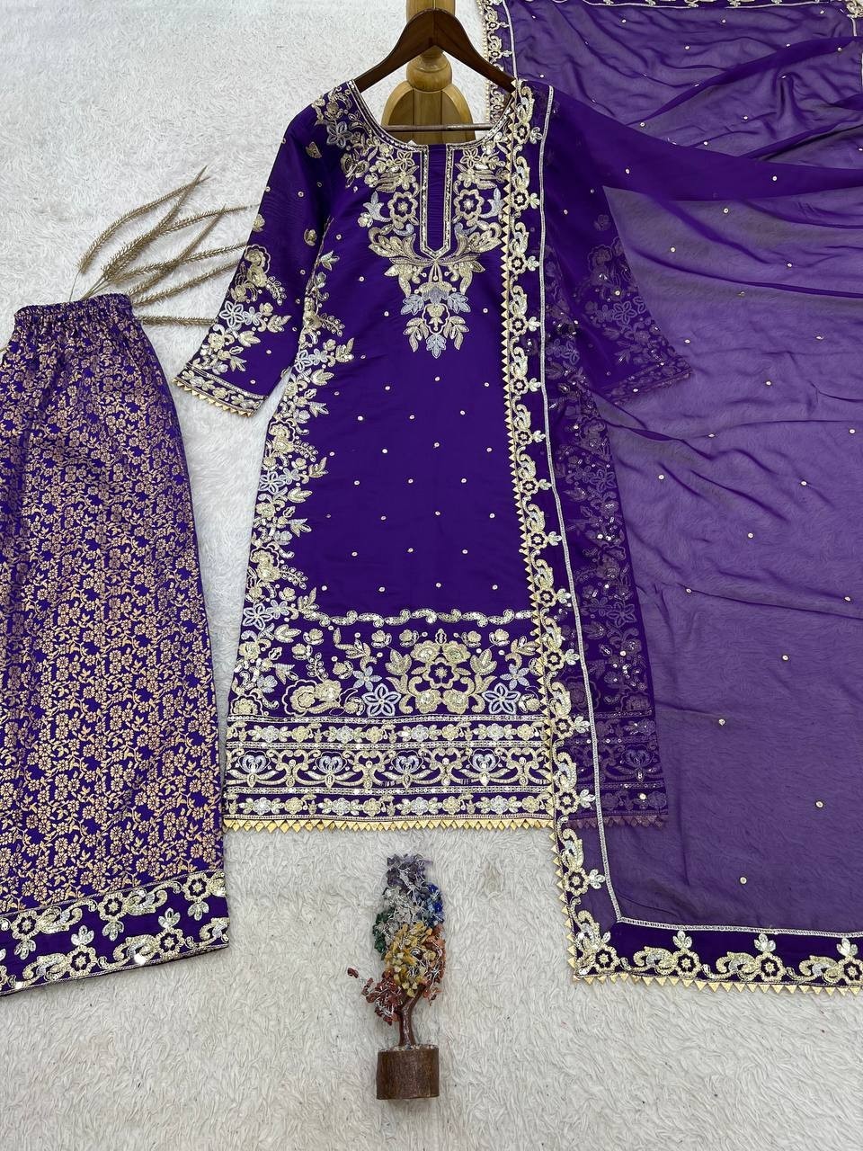 Presenting New Purple Roman Cotton Kurta Palazzo With Dupatta For Party Wear