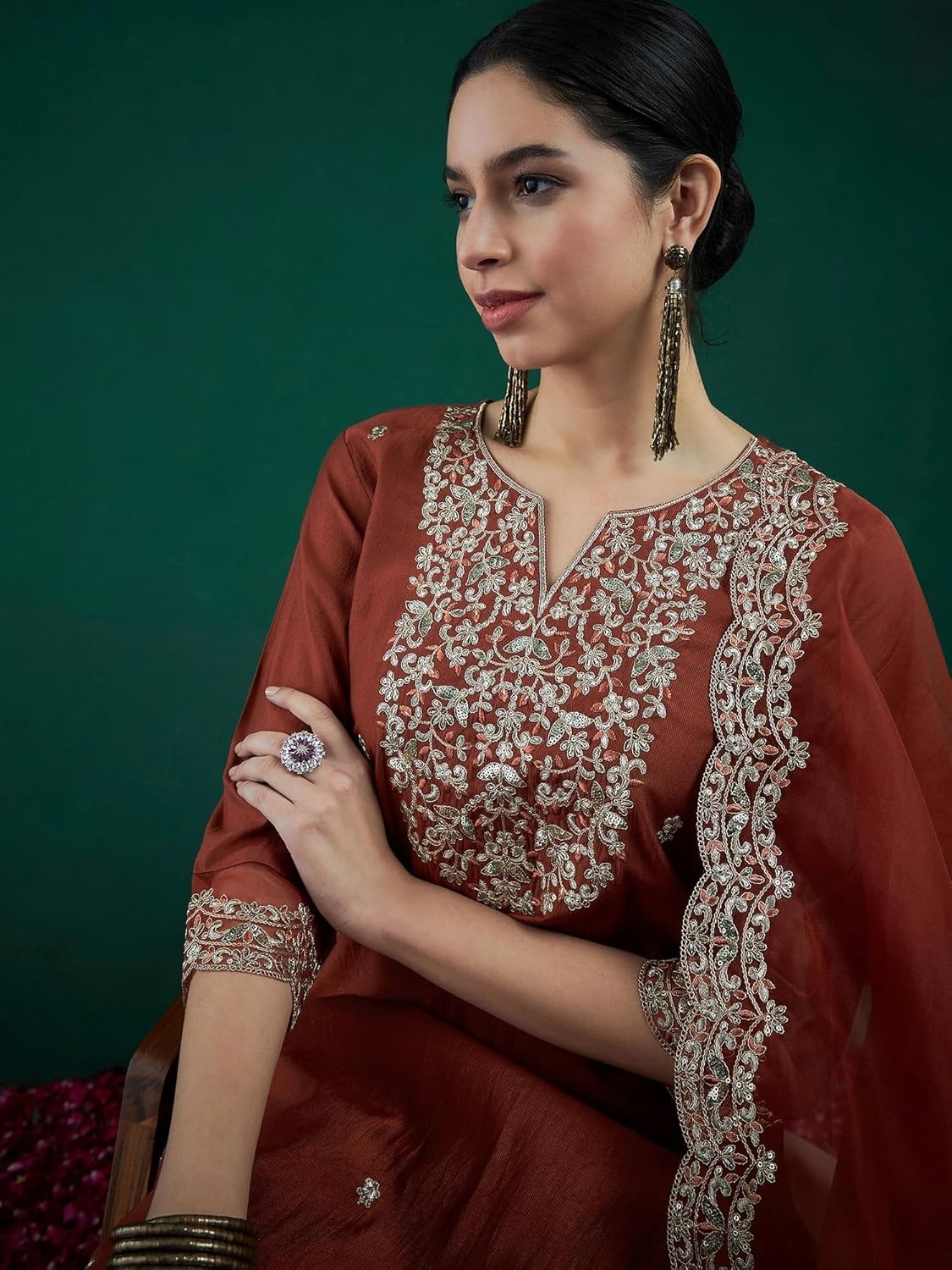 Women’s Viscose Embroidered Straight Kurta & Pant with Dupatta Set