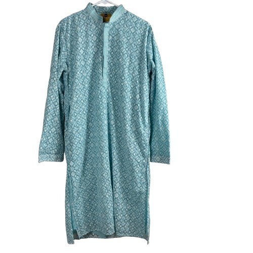 Mohanlal Sons Men’s Sky Blue Printed Kurta Sequined Mandarin Collar Sz 38 Festiv