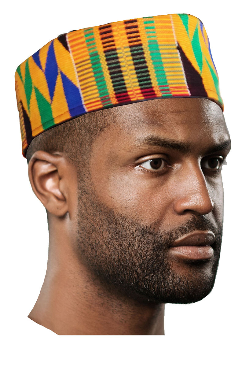 Akwaaba African Hand Woven Kente Kufi Hat with Faux Leather