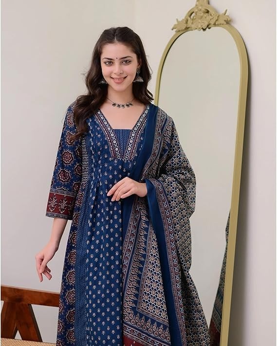 KLOSIA Women’s Rayon Printed Anarkali Kurta and Pant with Dupatta Set
