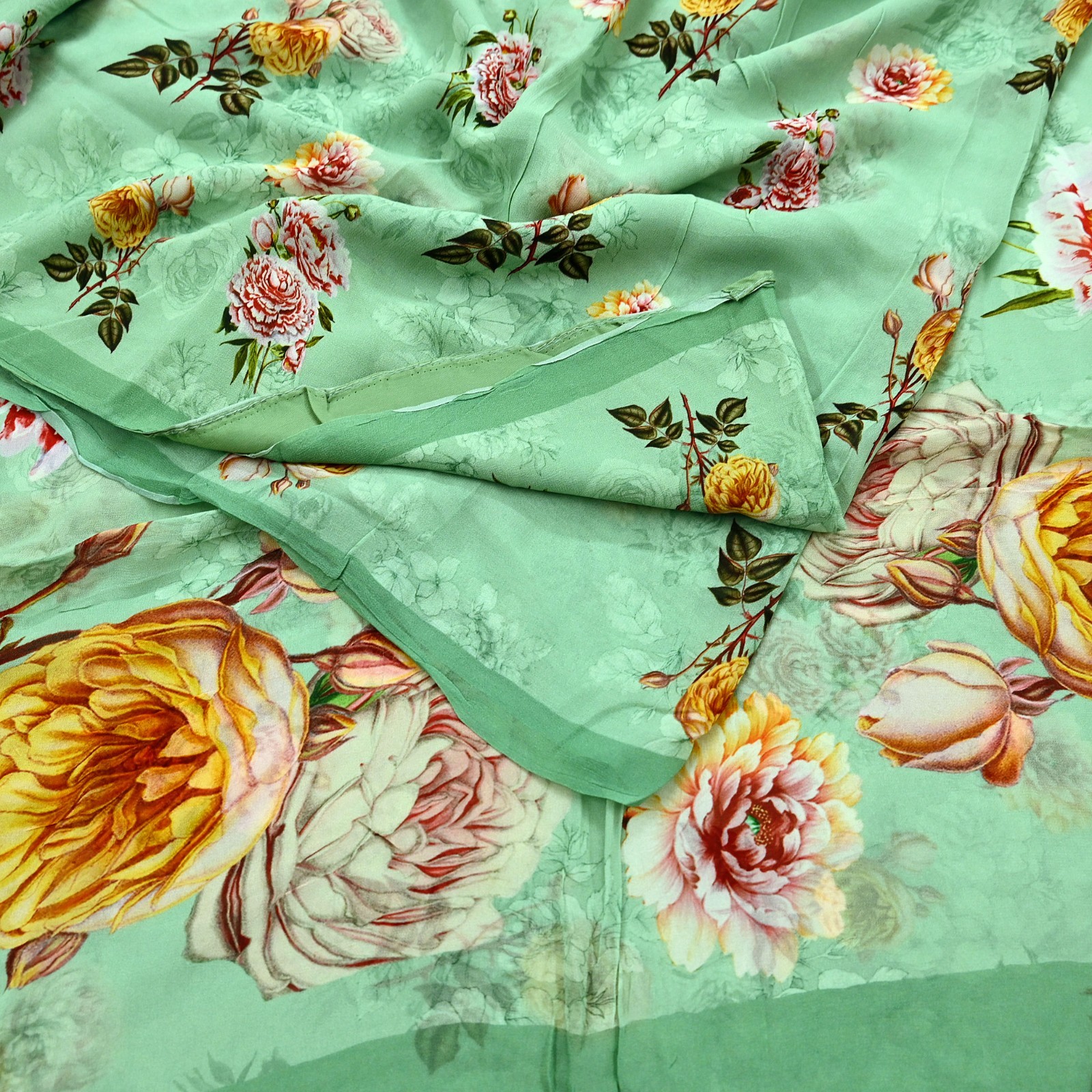 Vintage Sari Green Pure Georgette Silk Digital Printed Sarees 5yd Sewing Fabric