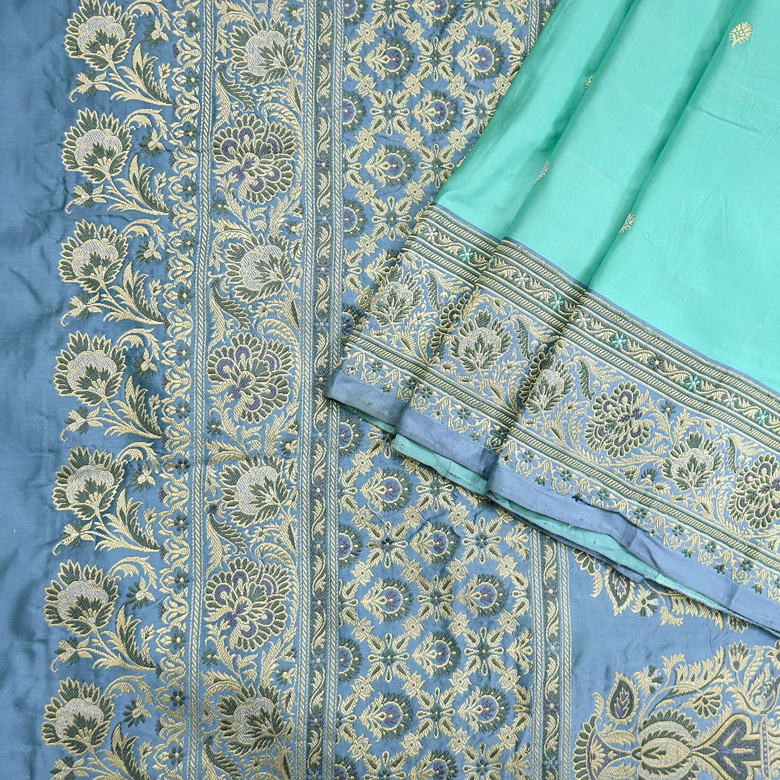 Indian Vintage Sari Heavy Pure Silk Woven Banarasi Brocade Saree Fabric 5Yd