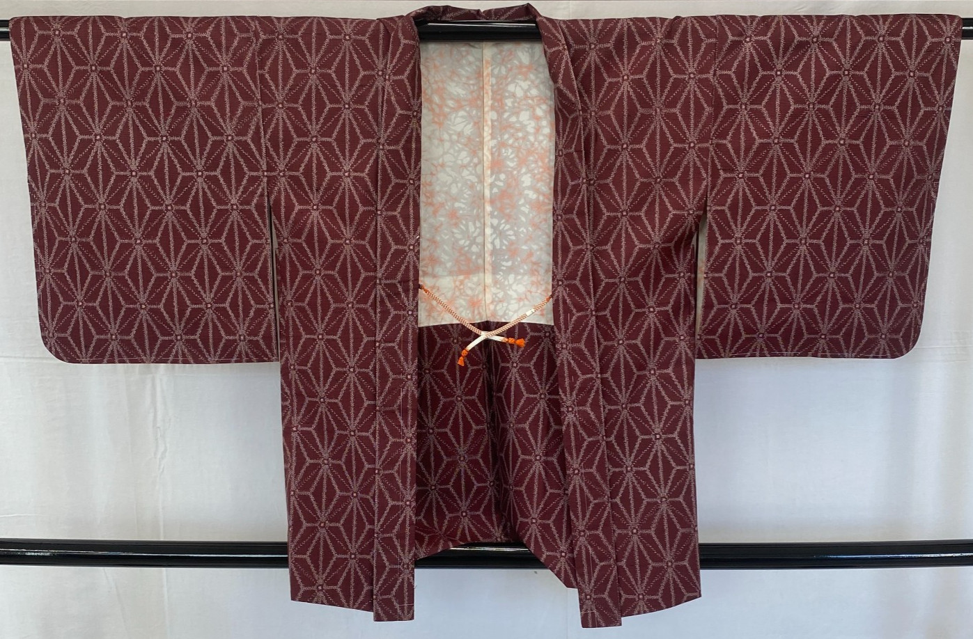 Japanese Vintage Kimono Haori Jacket Silk Red Oshima Traditional Authentic 33 in