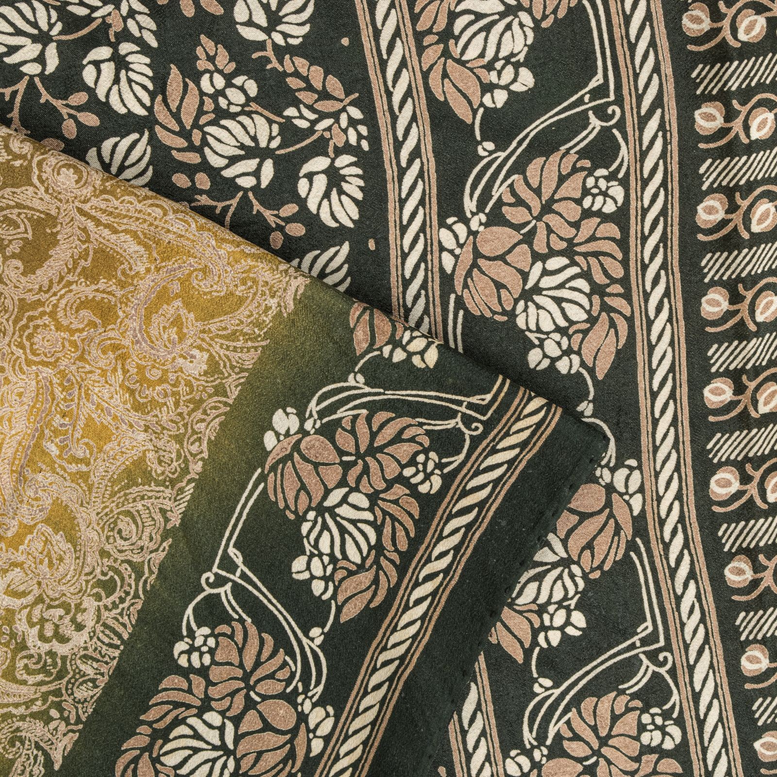 Sanskriti Vintage Saree Beige Pure Crepe Paisley Print Sari 5.5+Yd Craft Fabric