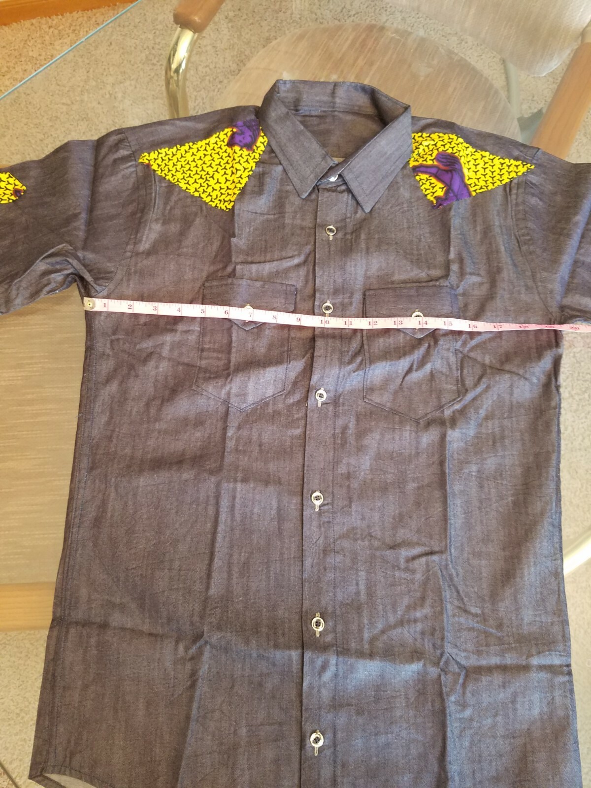 Men’s Ankara On Jean Shirt African Dashiki Blue Multi Color Armpit-size: 19.5″