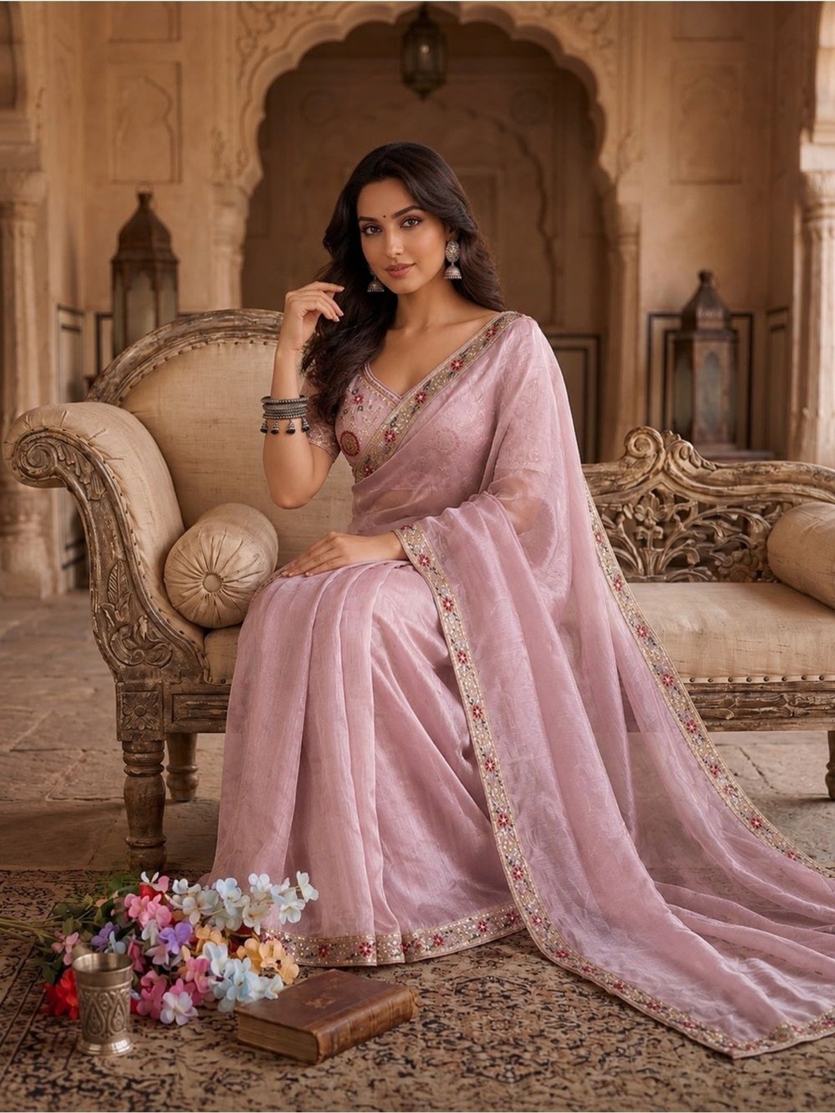 Embroidered Saree Set Indian Partywear Elegant Beeds blouse Size 38”& Petticoat