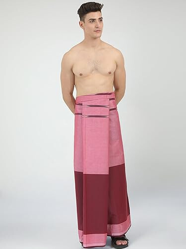 Pure Cotton Bordered Maroon Pink Unstiched Lungi, 2.10 meters