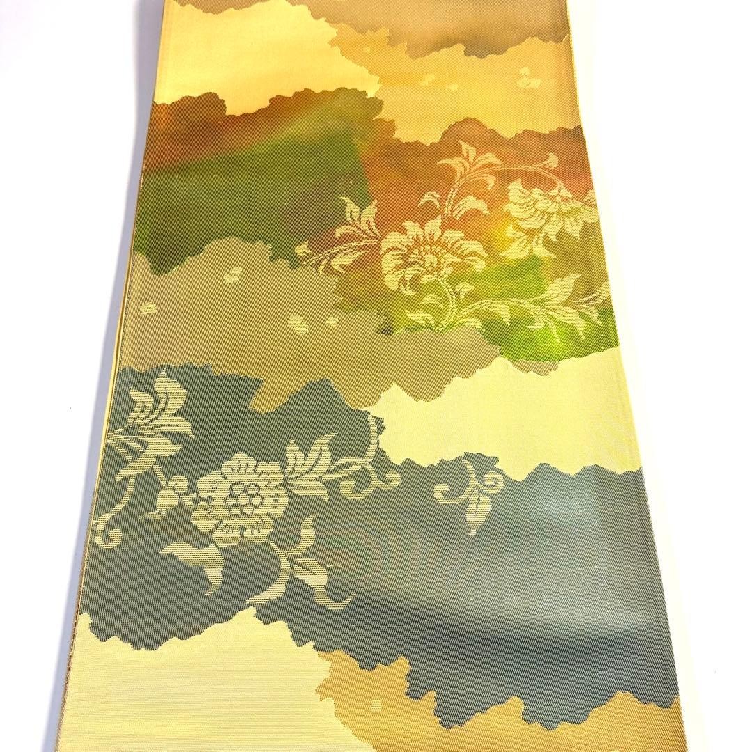 Silk Fukuro Obi Gold Beige Green Red Floral 414cm Japanese Kimono Used