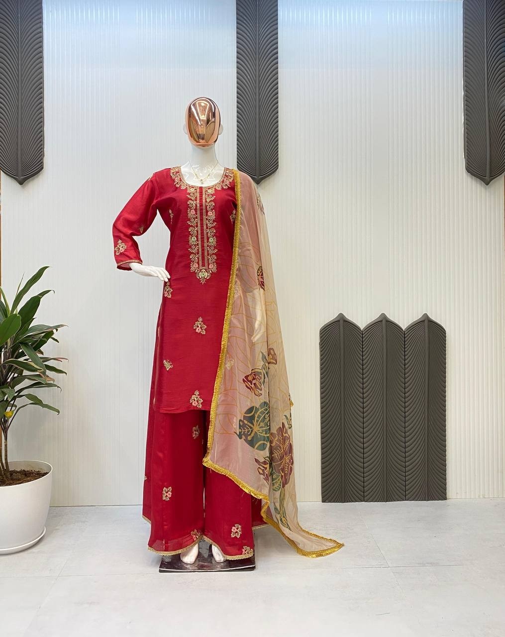 Designer Chinon Plazzo Suit Set Embroidery Sequence Wedding Ready M-XXL