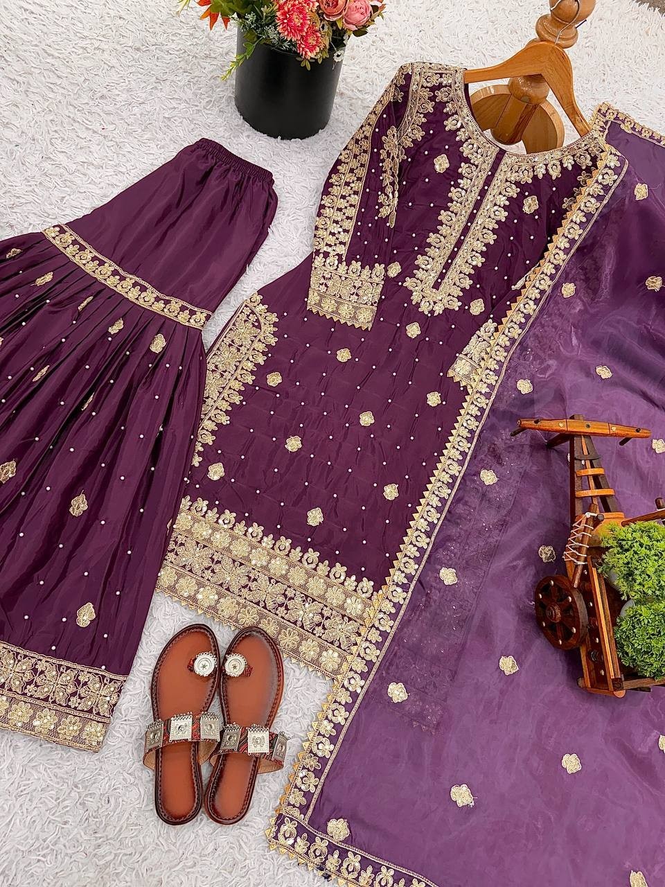 Latest Beautiful Natural Crap Silk Purple Palazzo Suit With Dupatta For Wedding