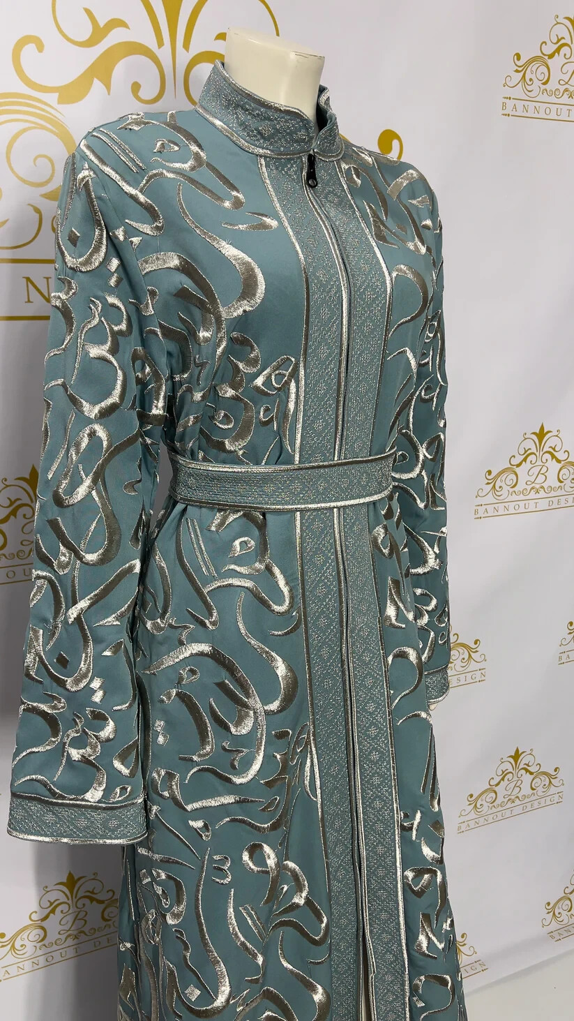Fancy Kaftan Dress Embroidery Calligraphy Design Women Long abaya Dusty Teal