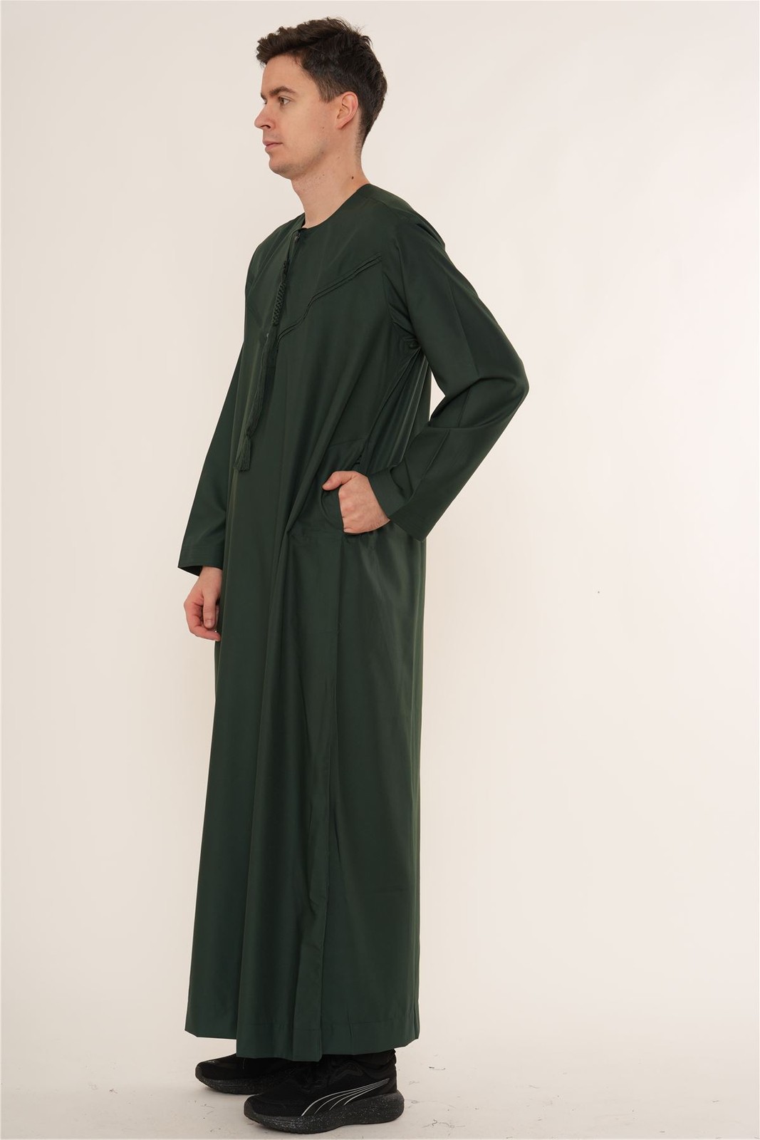 Men’s Olive Green Tassel Thobe Emirati Omani Jubba Islamic Clothing Zipped Eid