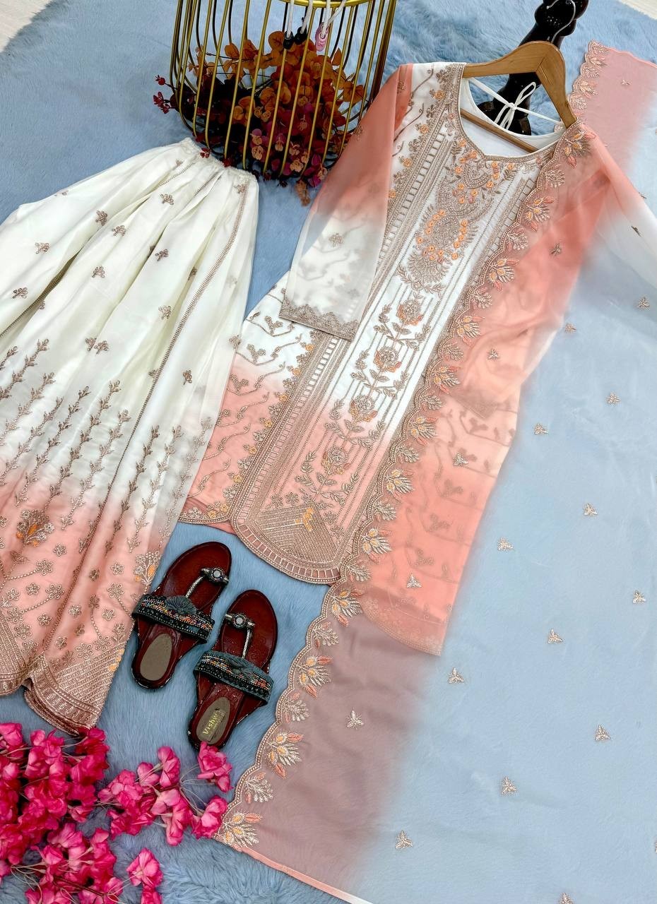 Latest Designer Star Georgette Kurta Palazzo With Peach Dupatta For Wedding