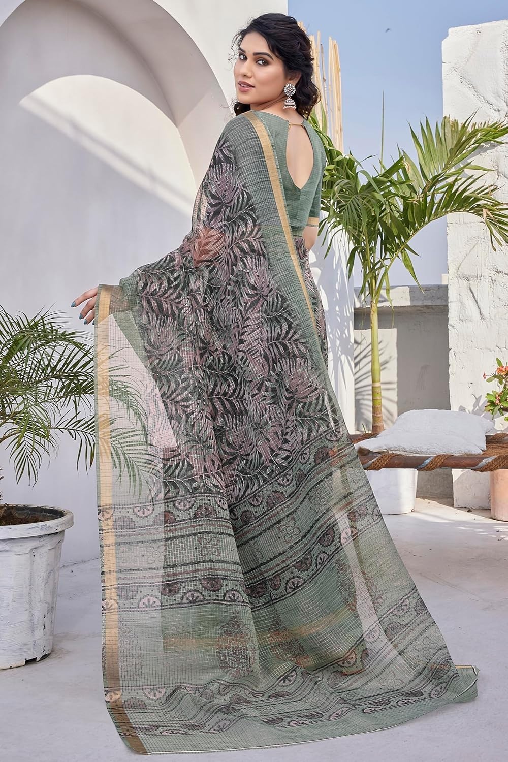 Women’s Kota Doria, Polyester Mix Leaf Floral Printed Saree with Blouse Piece