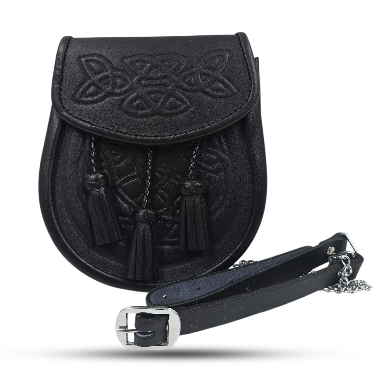 Scottish Black Leather Sporran Celtic Knot Kilt Pouch w/ Adjustable Belt