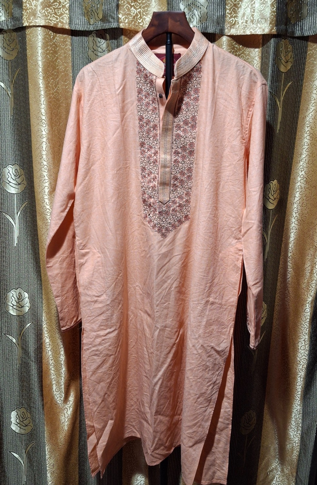 Sultan Men’s Peach Embroidered Kurta Size 44 XL Indian Wedding Festive Tunic