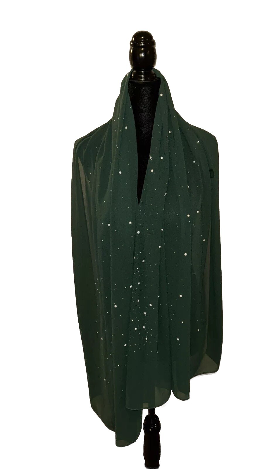Women’s Long Green Dupatta Shawl Wrap Silky Sparkling With White Beads