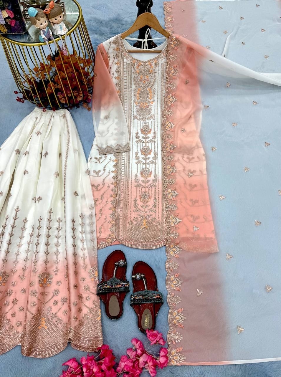 Latest Designer Star Georgette Kurta Palazzo With Peach Dupatta For Wedding