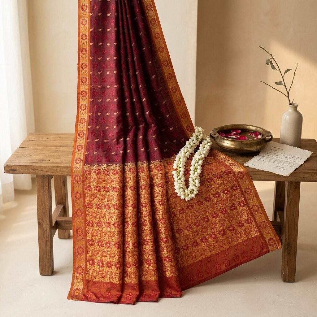 Sanskriti Vintage Saree Maroon Art Silk Banarasi Butabrocade Zari Handwoven Sari