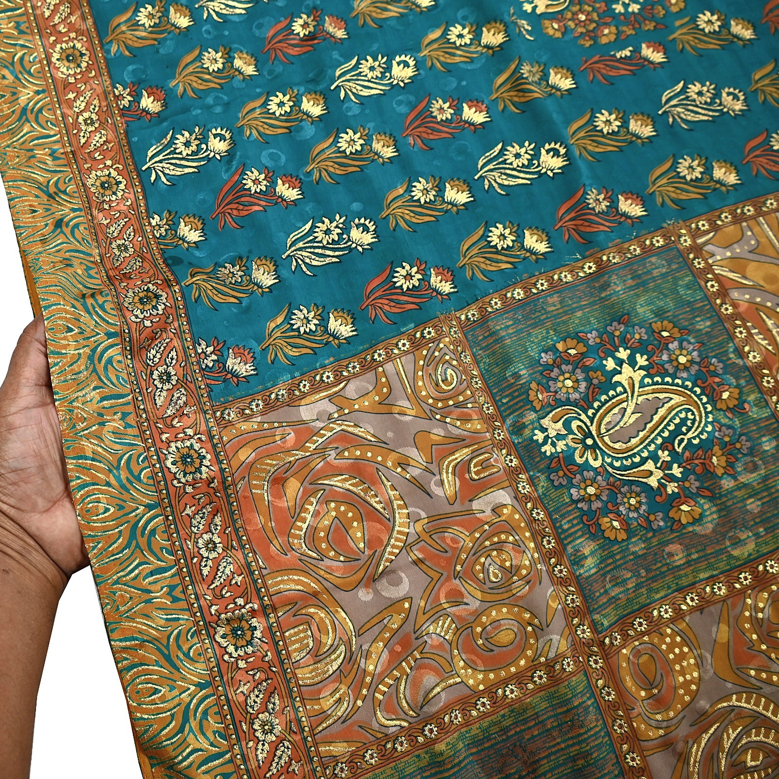 Indian Vintage Sari Moss Crepe Printed/Painted Saree Floral 5 Yards Soft Fabric