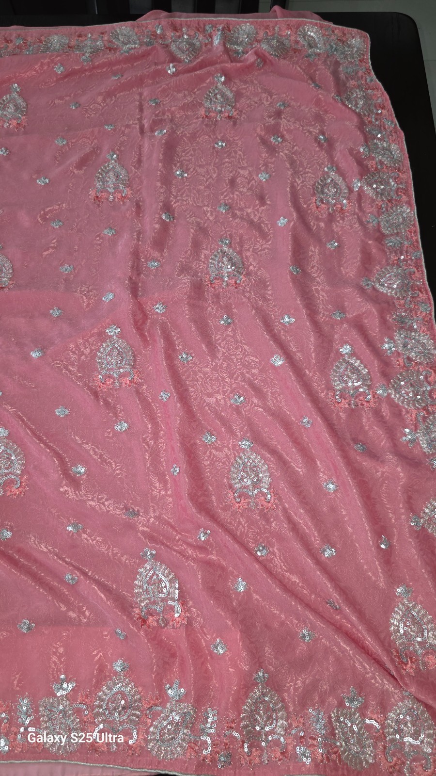 Elegant Pink & Silver Embroidered Chiffon Saree with Blouse Pieces ✨