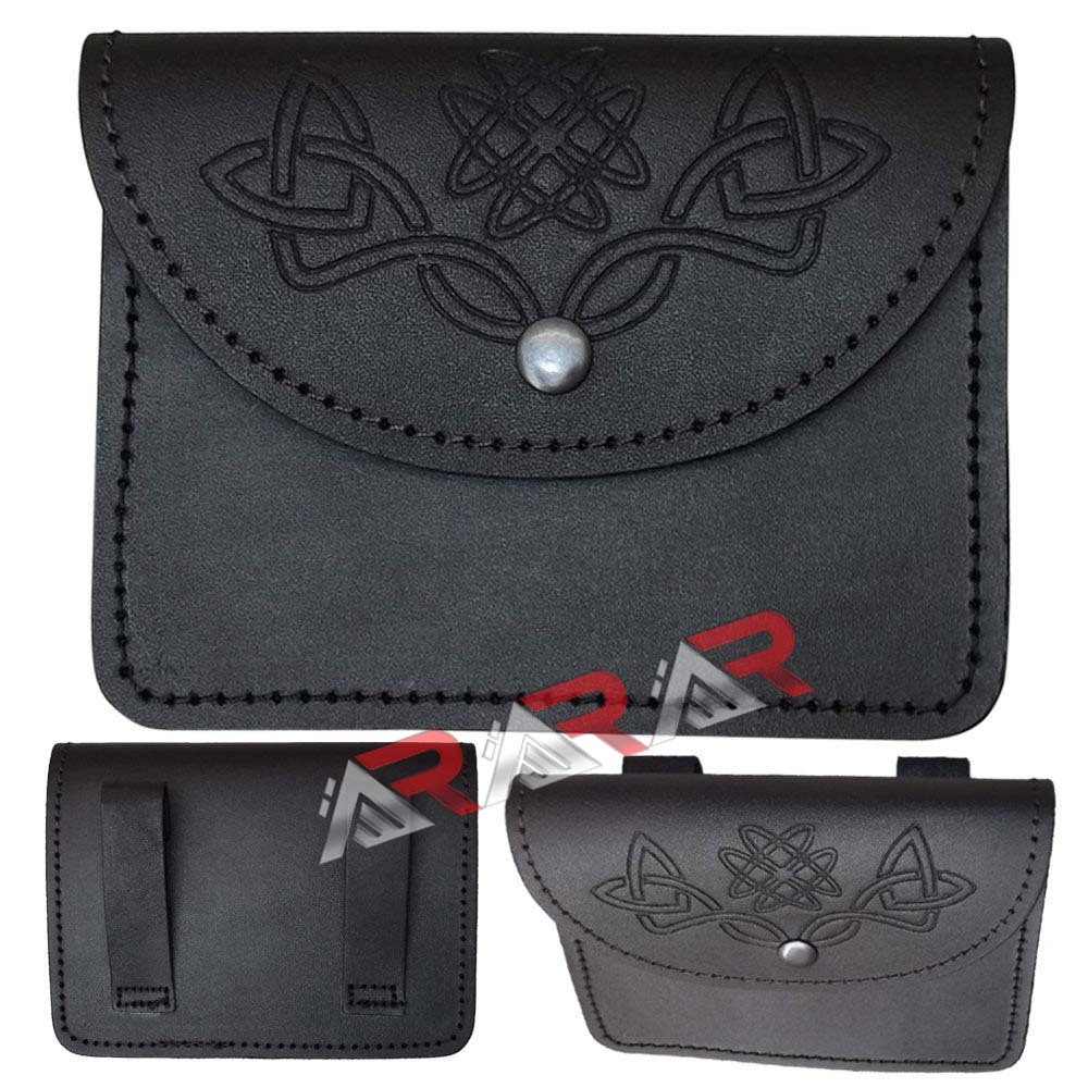 Pouch/Celtic Brand New AAR Embossed Design Black Real Leather Embossed Kilt