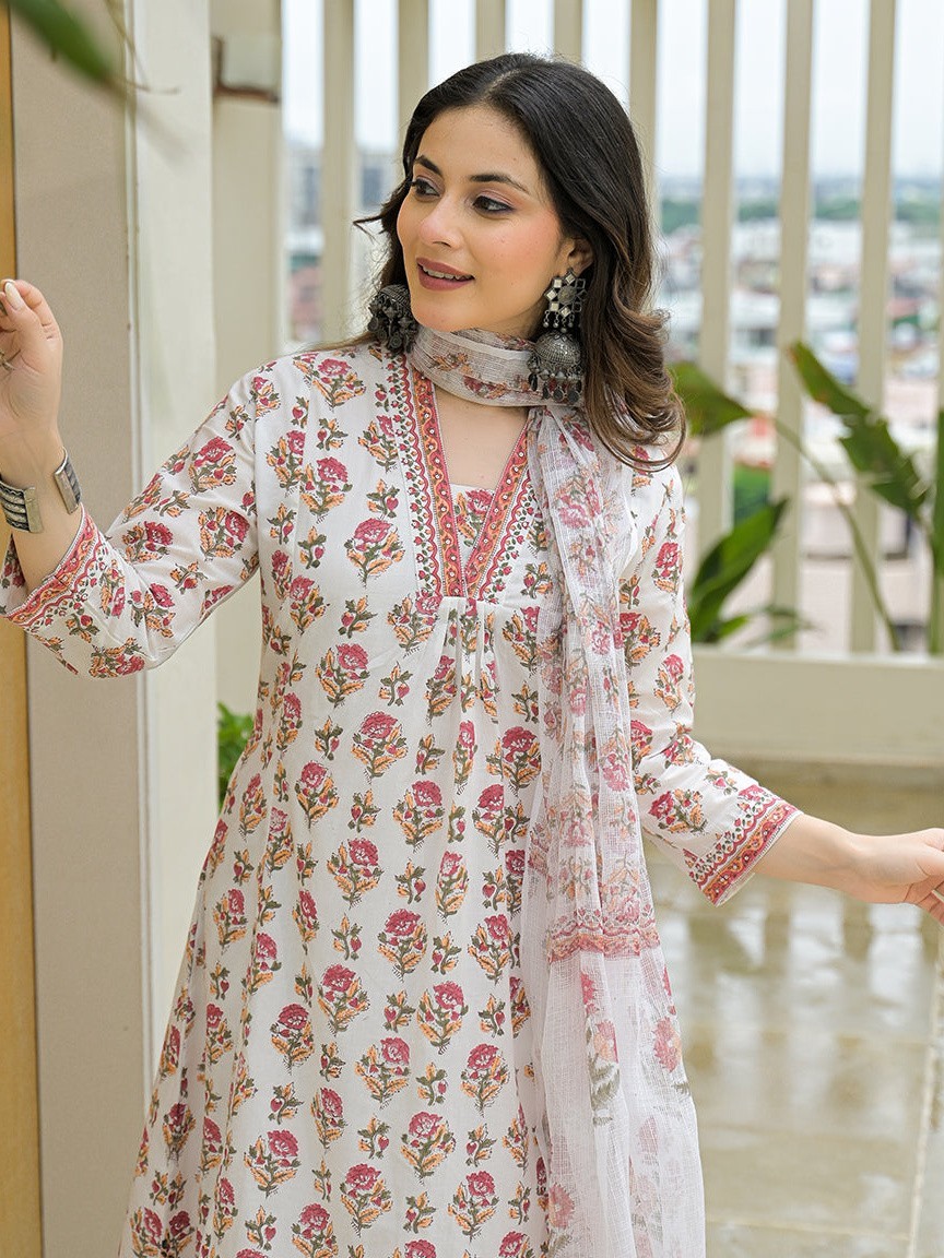 White Cotton Hand Block A-Line Kurta Pant Set with Dupatta Plus Size XS-7XL