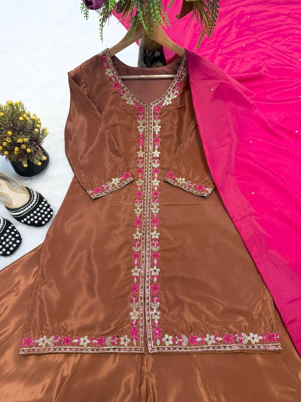 Latest Heavy Natural Crep Silk Brown Top Palazzo With Dupatta For Festival Wear