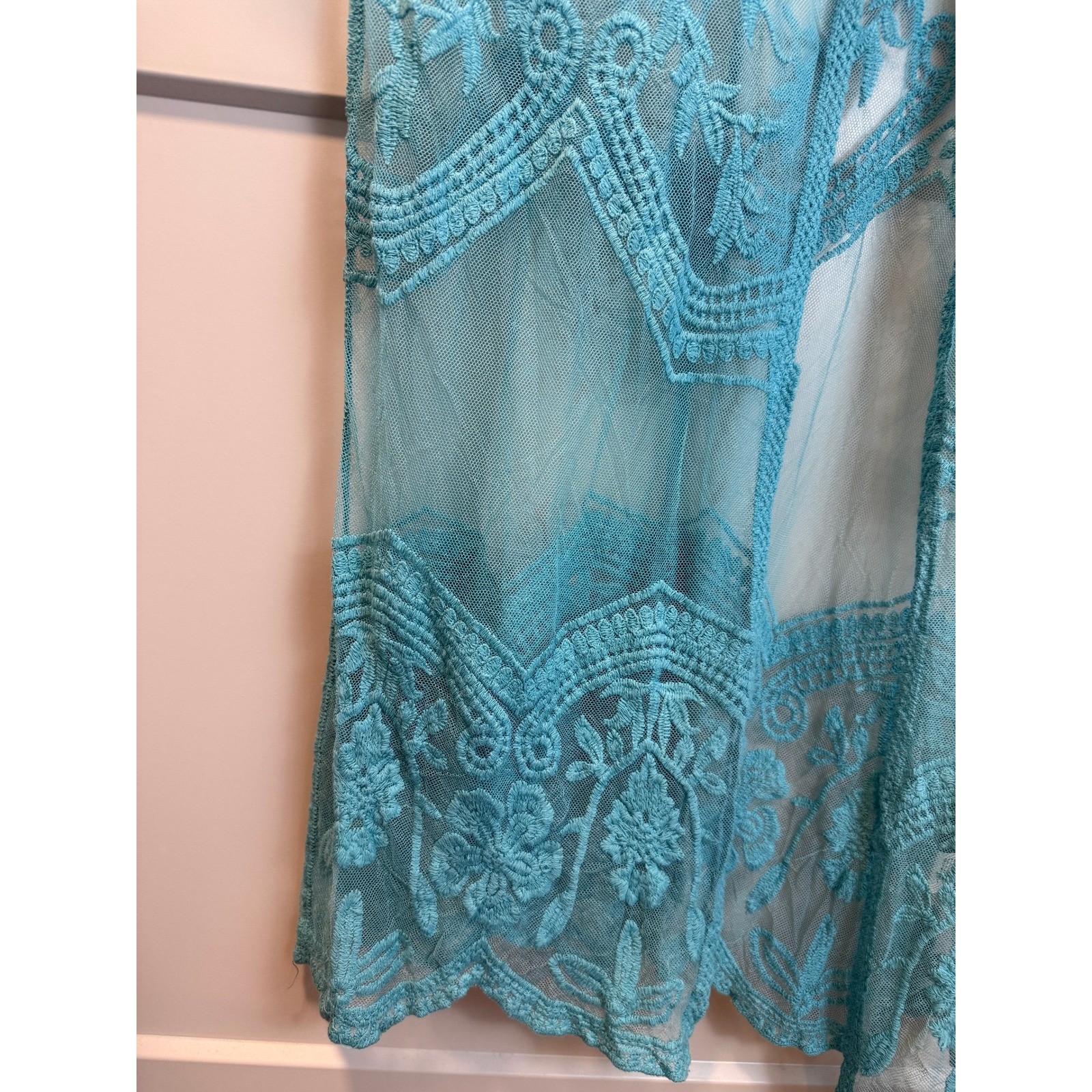 Woven Heart Aqua Floral Lace Long Kimono One Size Boho Cottagecore