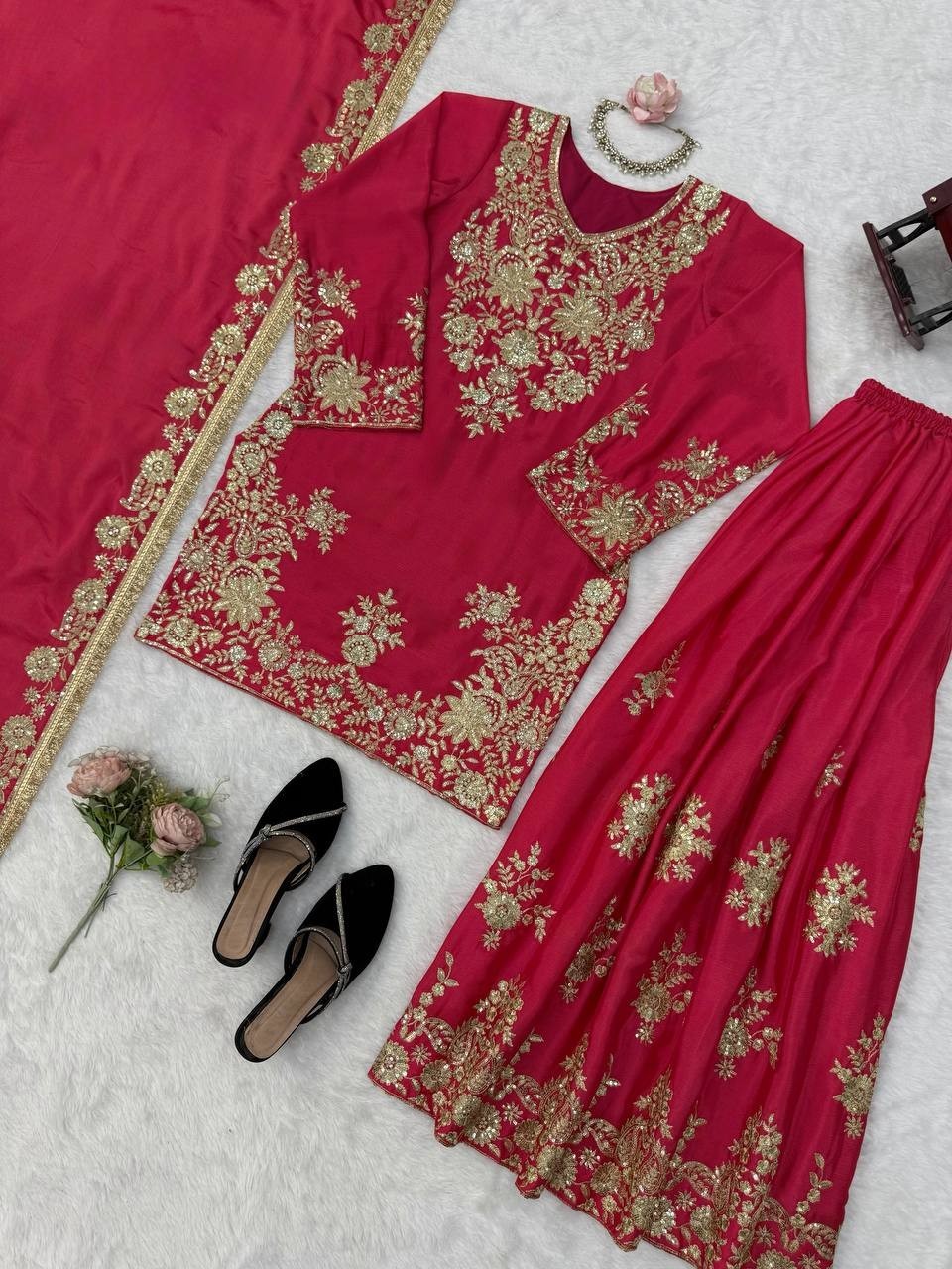 Latest New Chinon Silk Pink Top Palazzo With Dupatta For Wedding Wear