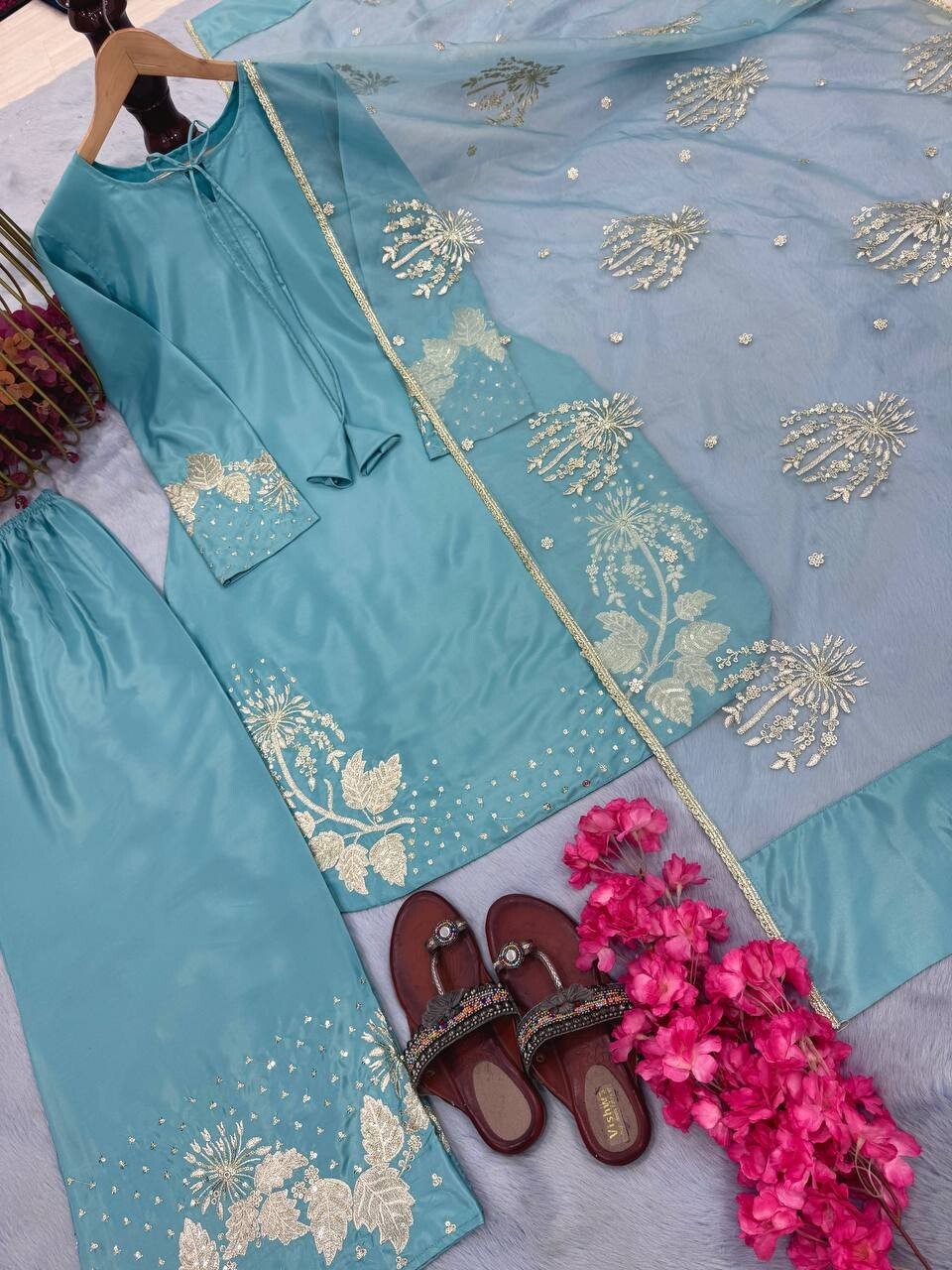 Party Collection Pure Natural Crepe Sky Blue Top Palazzo And Dupatta For Women