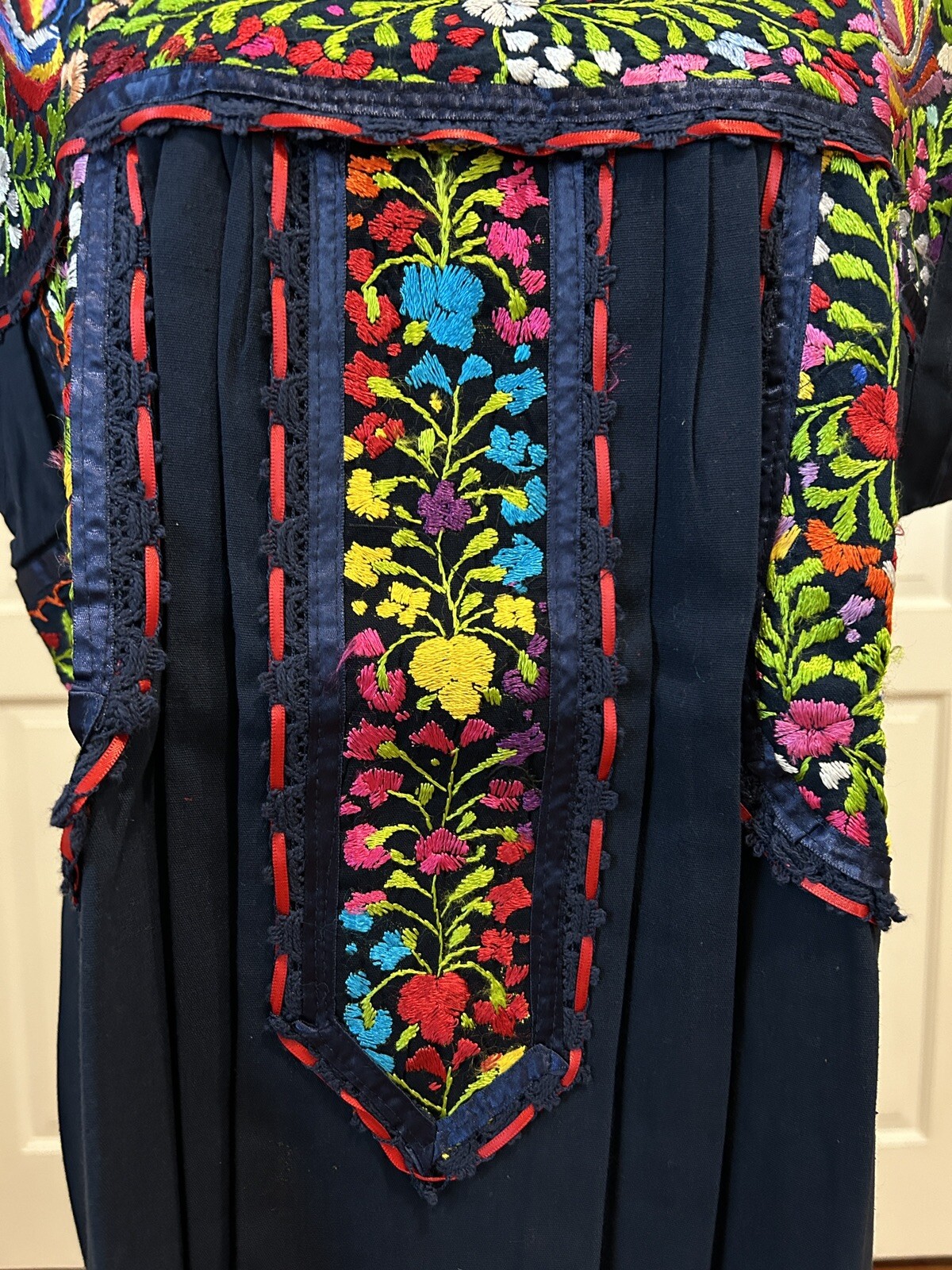 Mexican Navy Blue dress, Oaxaca dress, hand embroidery dress.
