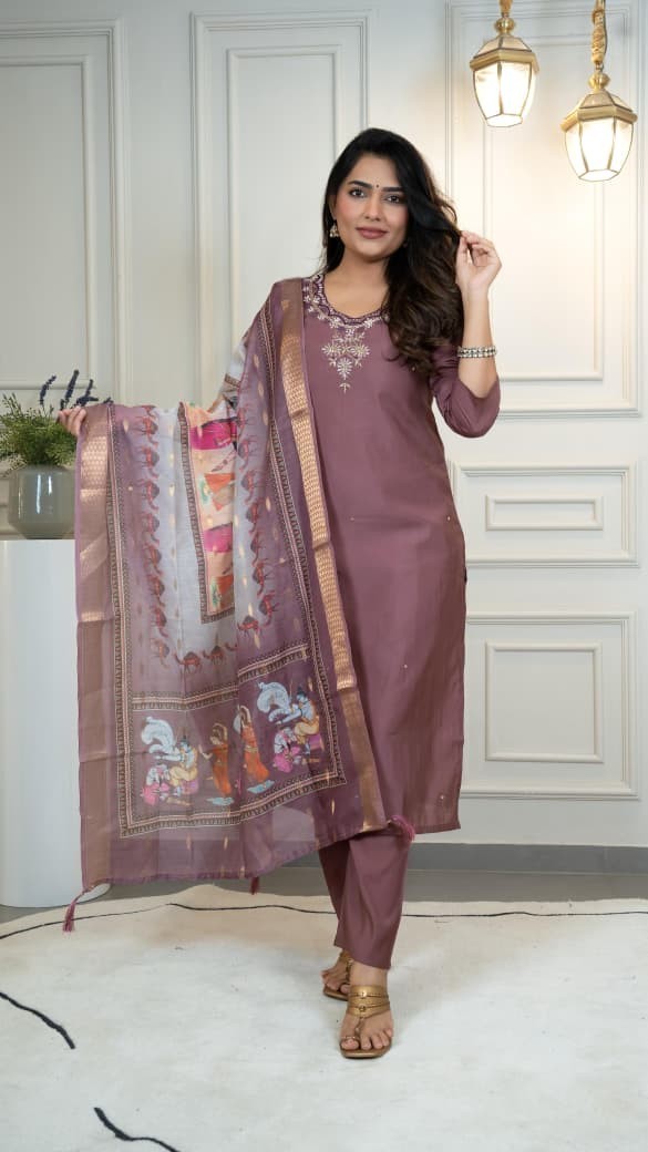 Women’s Ready to Wear Roman Silk Kurti Pant Dupatta Set Embroidered Salwar Suit
