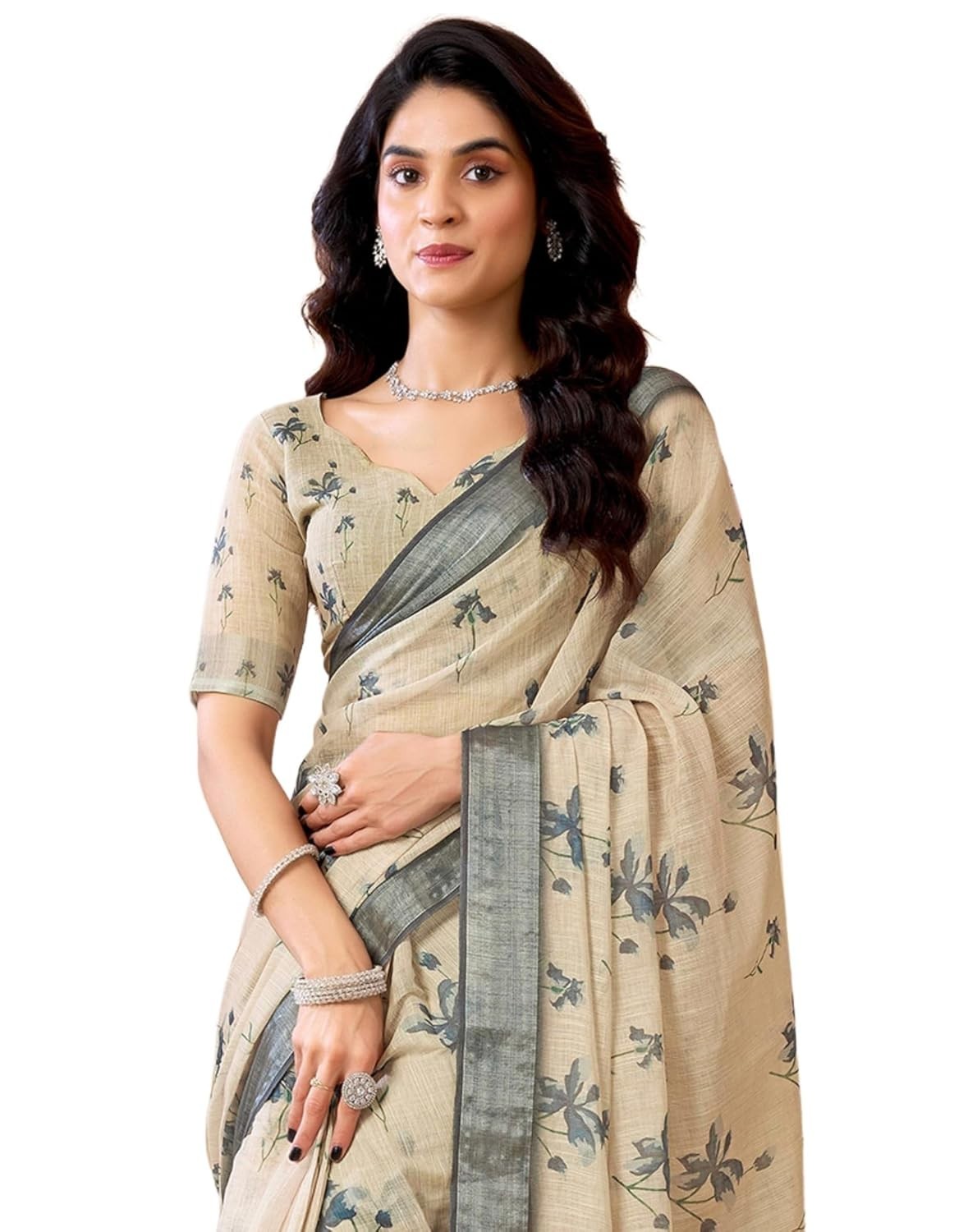 Women’s Cotton Linen Ready To Wear Printed Saree with Unstitched blouse Piece