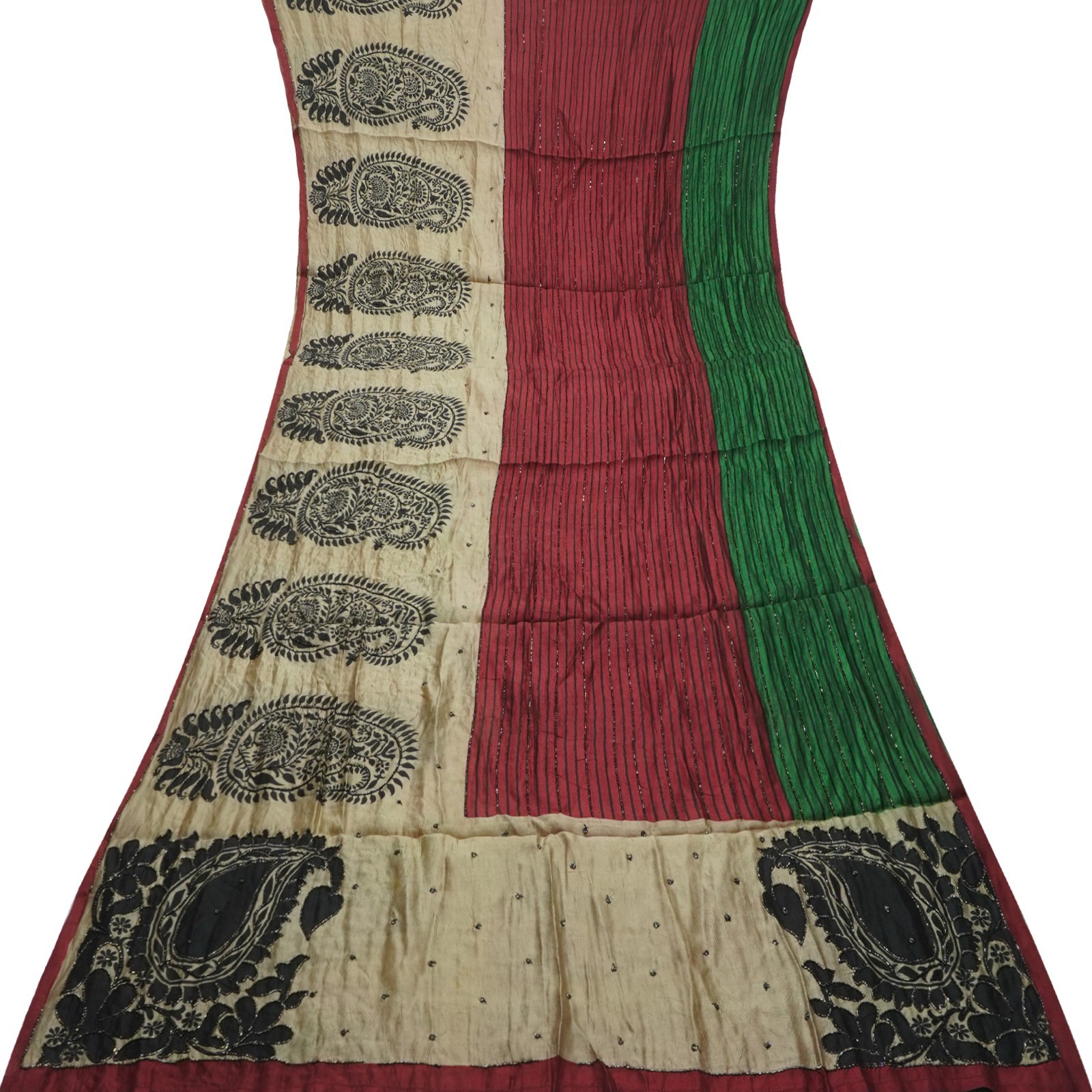 Vintage Multicolor Saree 100% Pure Silk Hand Embroidered Tube Beaded Sari Fabric