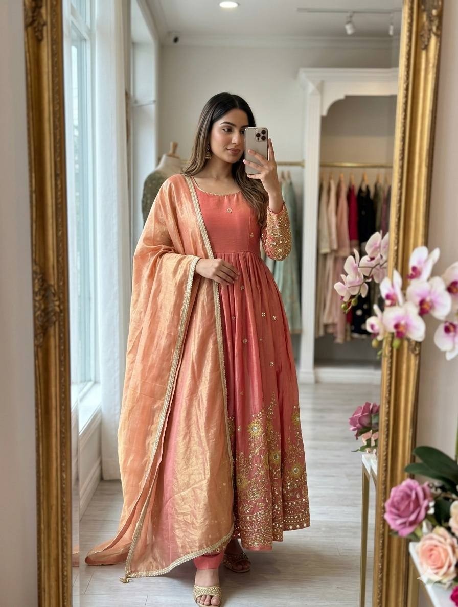 Peach Pink Fendy Satin Silk Gown Padded Anarkali Palazzo Set Fancy Lace Dupatta