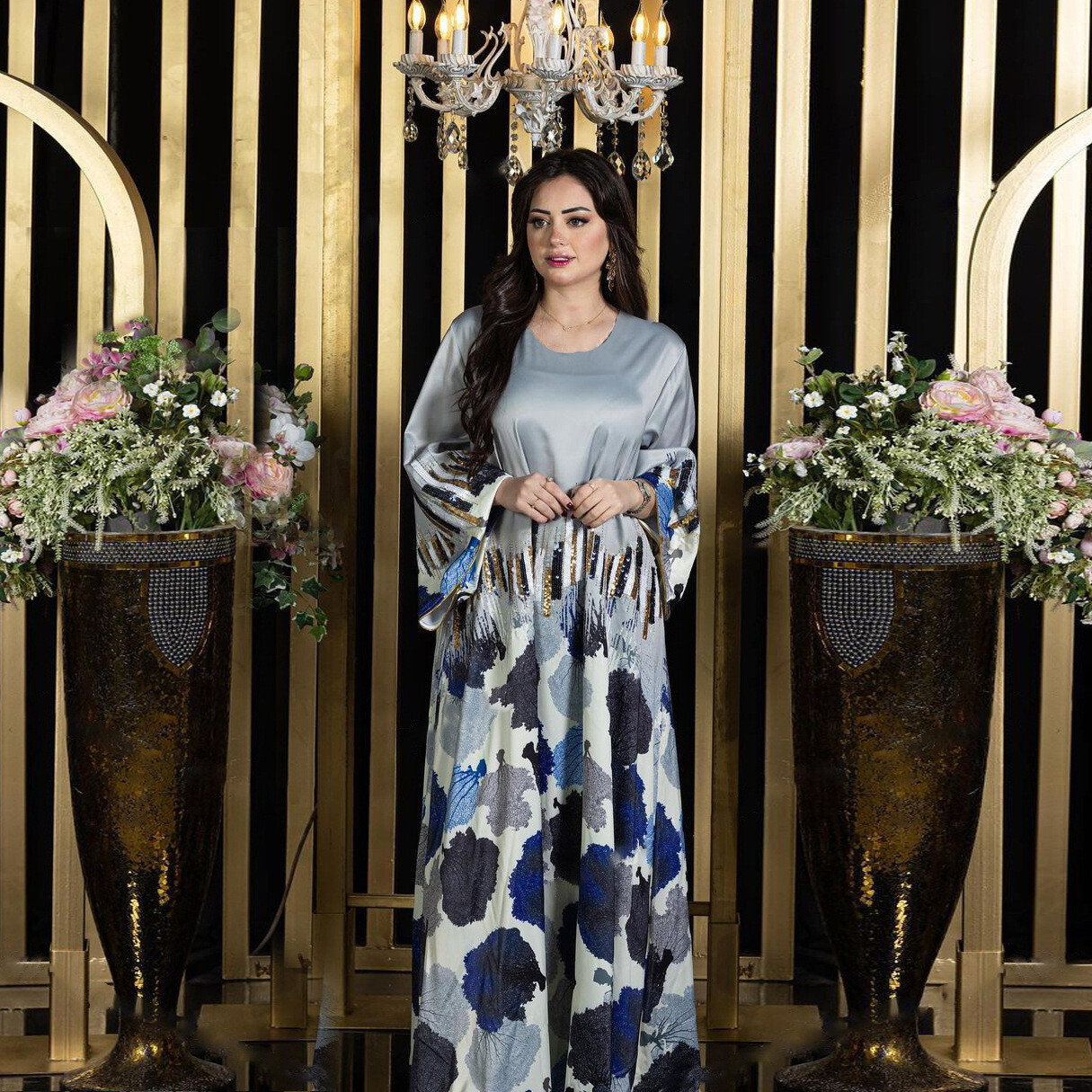 Eid Muslim Abaya Dubai Print Sequin Dresses Arab Turkey Kaftan Morocco Robe Maxi