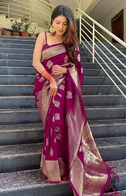 Women Beautiful Soft Lichi Silk Saree With Blouse Bridal Party Function Wear