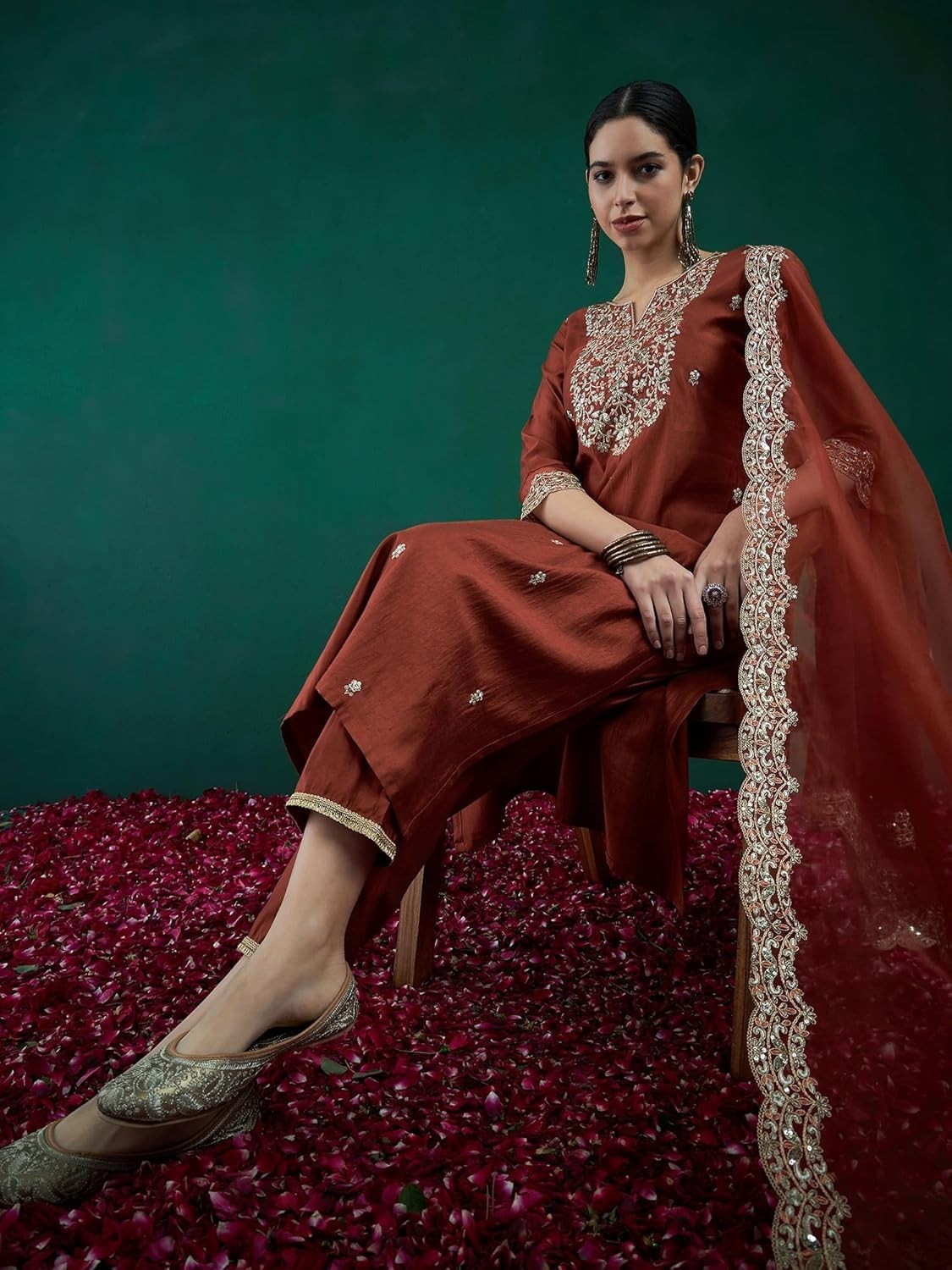 Women’s Viscose Embroidered Straight Kurta & Pant with Dupatta Set