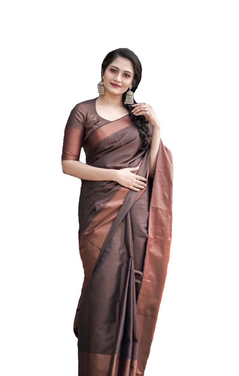 Areca Designer Copper Zigzag Brown Silk saree blouses women Saree Cut 5.5 Meter