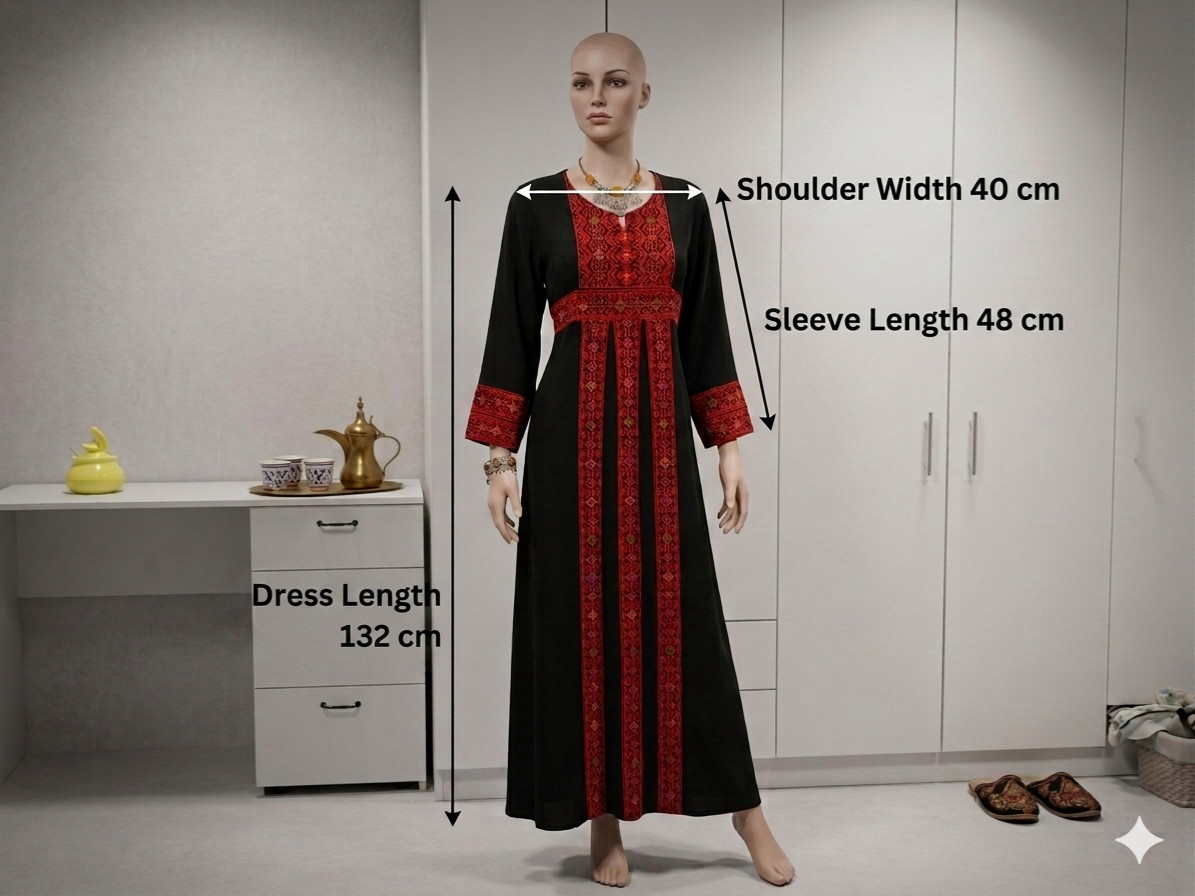 Stunning Black Hand-Embroidered Palestinian Thobe Dress – Detailed Measurements