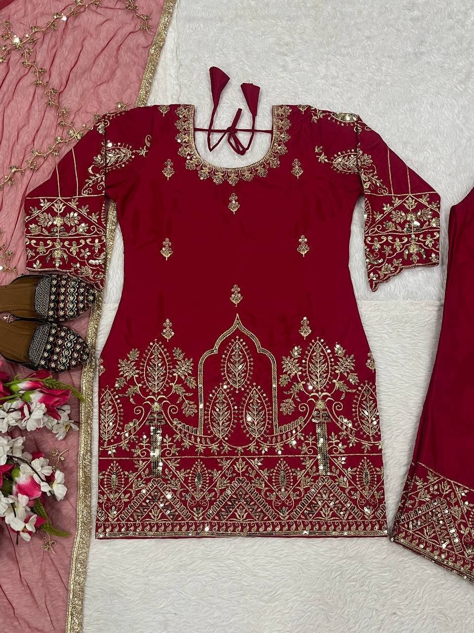 Elegant Designer Crepe Silk Salwar Kameez With Net Dupatta For Women