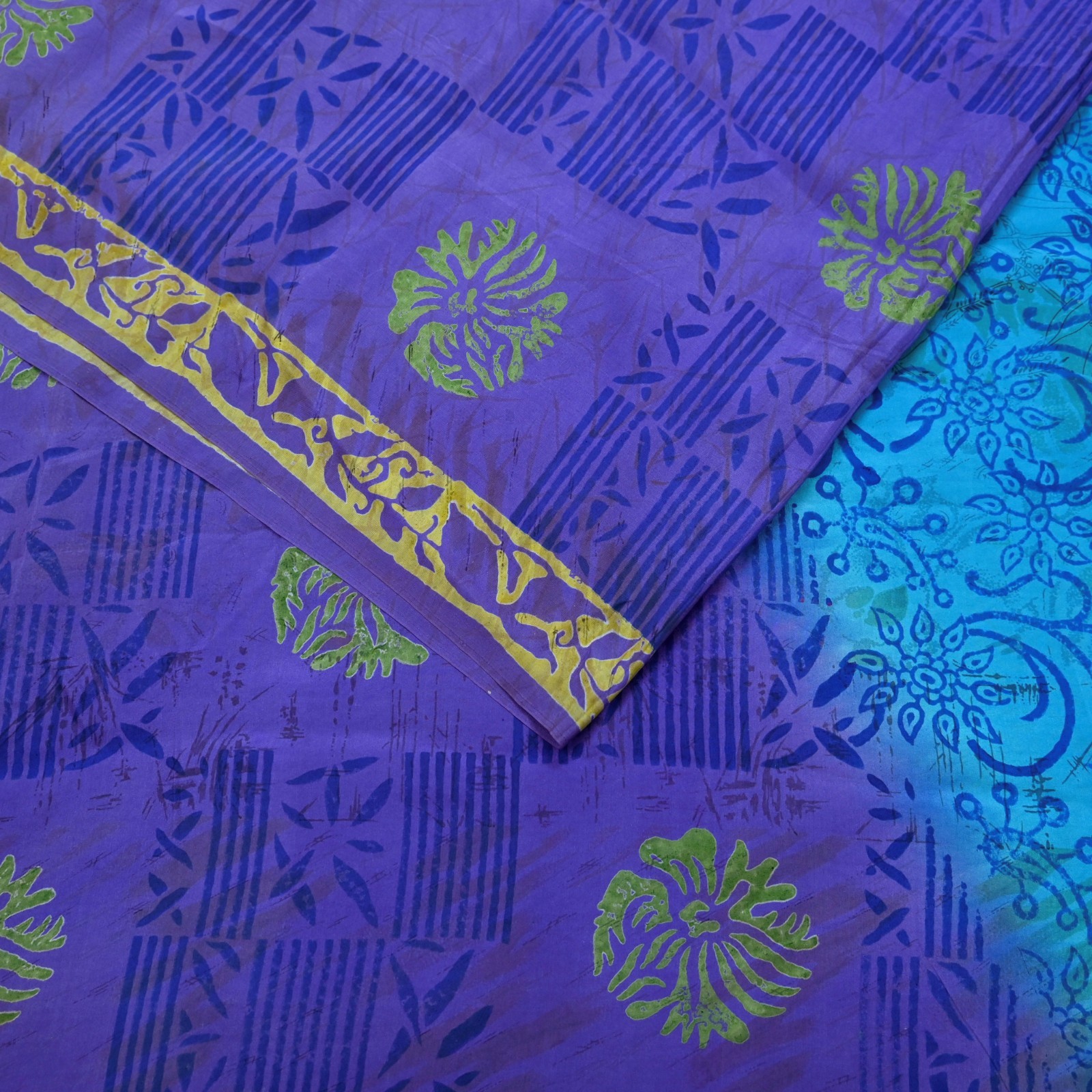 Vintage Sari Purple & Blue Pure Silk Printed Saree 6yd Sewing Craft Fabric Soft