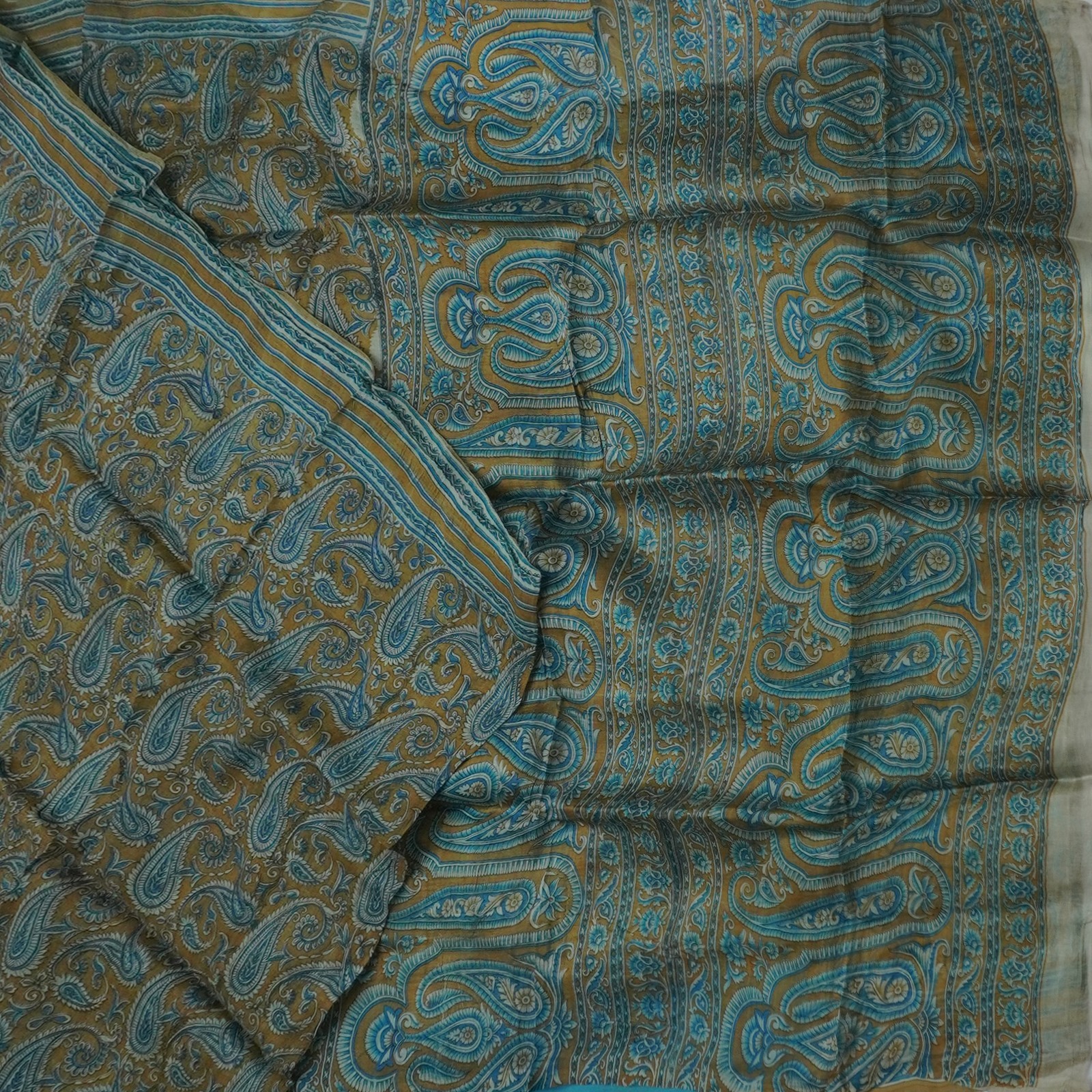 Namaste Vintage Blue Sarees 100% Pure Silk Paisley Printed Sari 5YD Craft Fabric