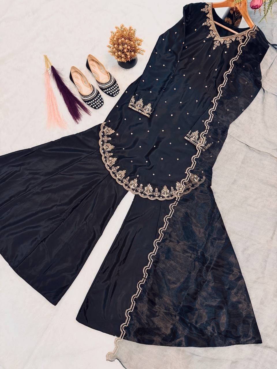 Fancy Designer Natural Crepe Silk Black Top Palazzo With Dupatta For Party Wear