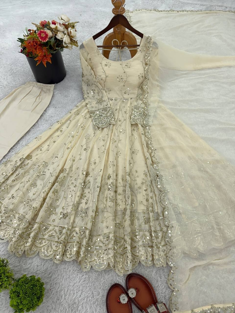 New Presenting Crunch Silk Cream Gown Bottom With Dupatta For Wedding Wear