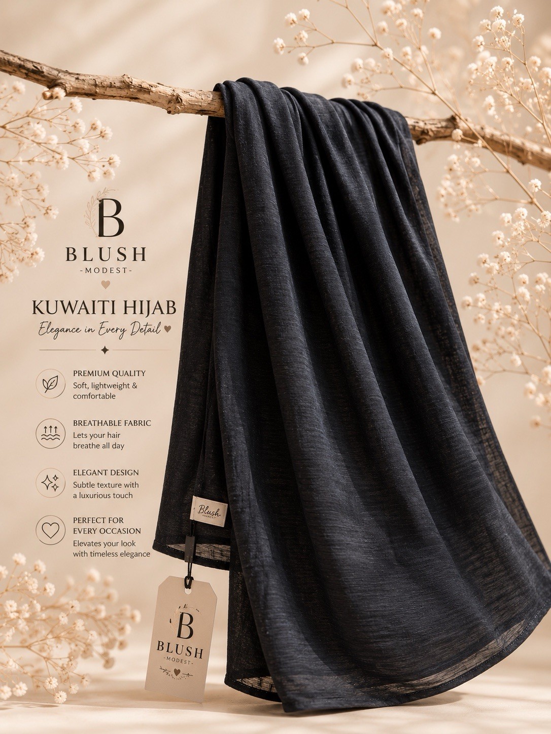Blush Modest Women’s Black Kuwaiti Hijab Breathable Elegant One Size