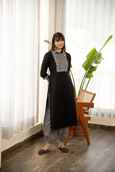 Women Solid Black Color Kurti Pant Set Cotton Blend Knee Length