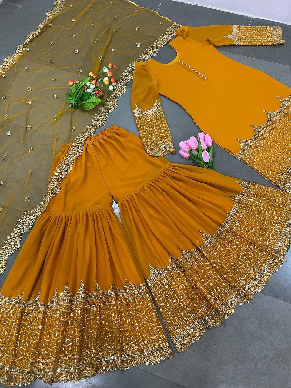 Haldi Special Heavy Georgette Yellow Top Palazzo With Net Dupatta For Women Wear